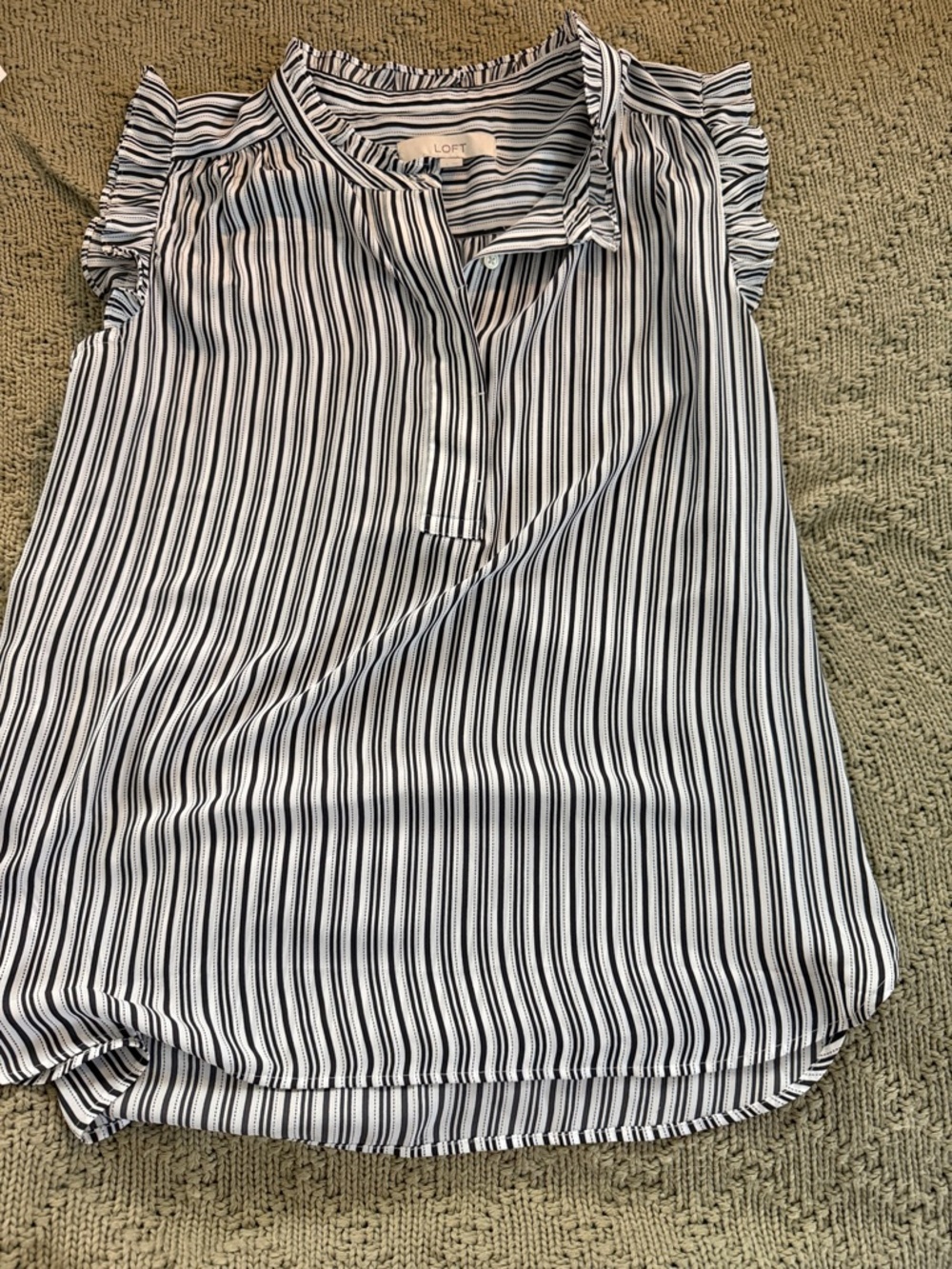 LOFT White and grey Vertical Stripe Ruffle Cap-Sleeve Top